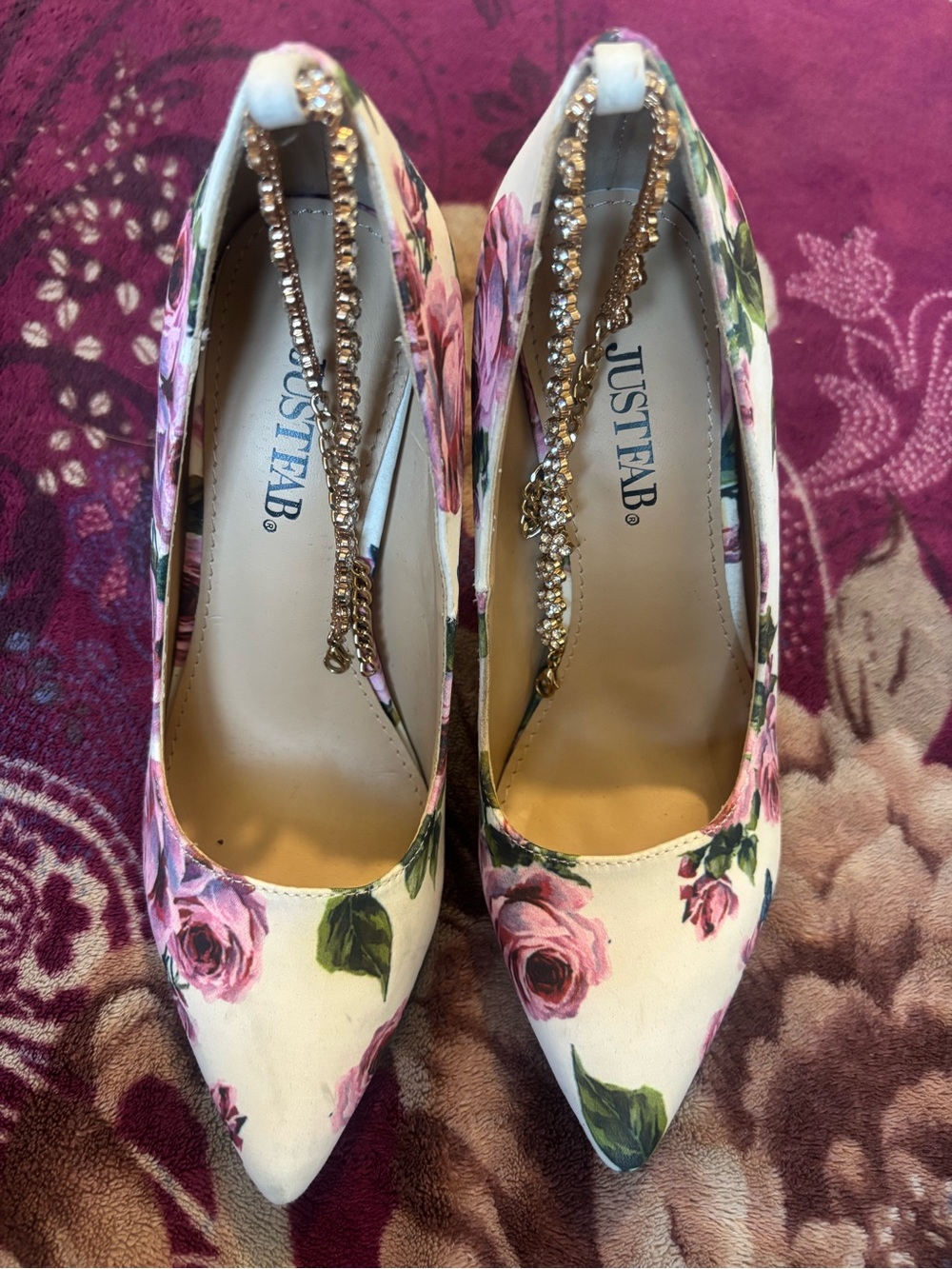JustFab White Floral Pointed Toe Pumps with Pink Roses